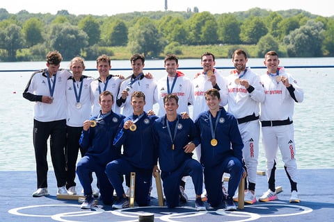 Men's rowing four: Silver medalists, back left, New Zealand, gold medalists, front, United States and bronze medalists Britain